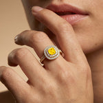Double Halo Diamond Cushion Cut Yellow Sapphire Ring - GeumJewels