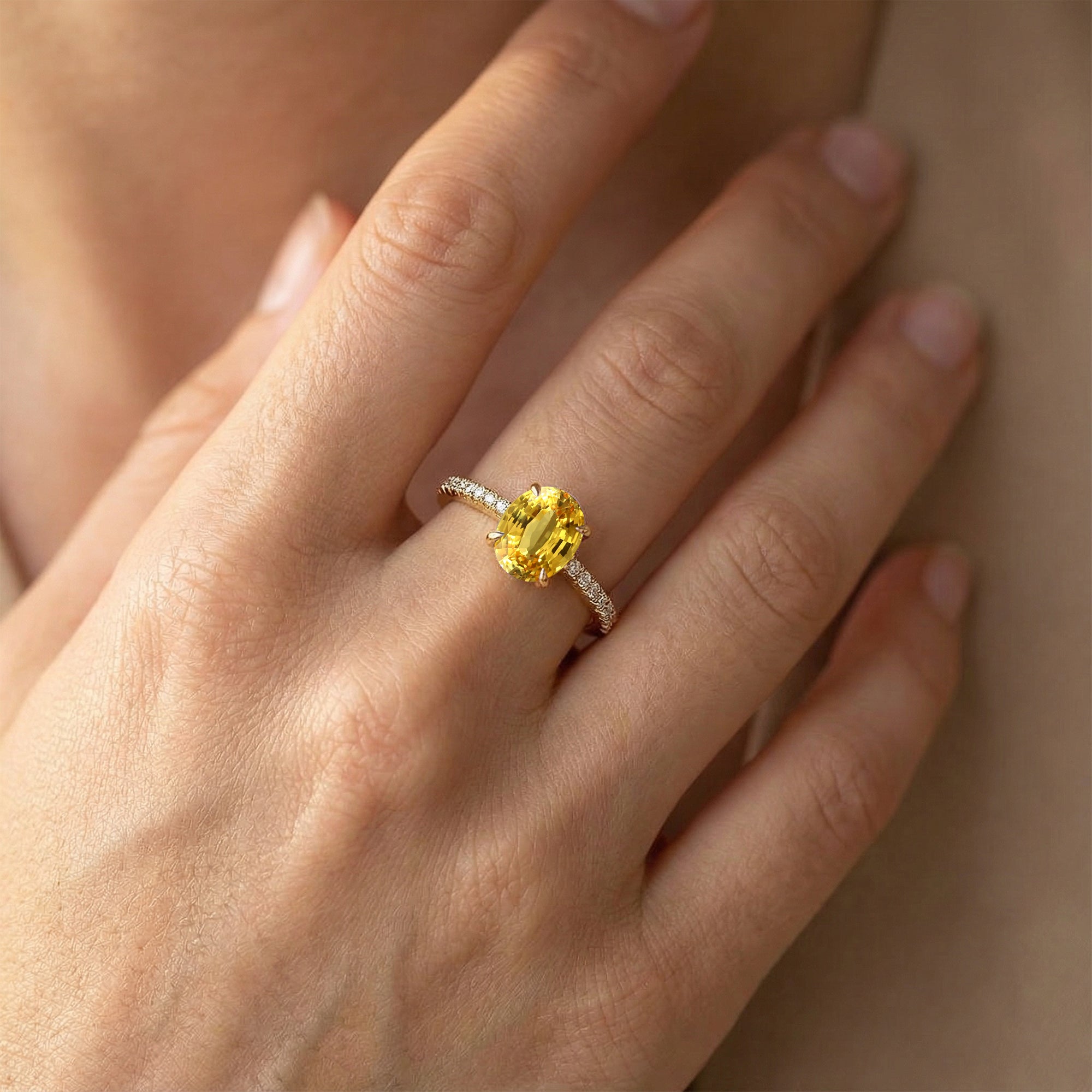 Oval Solitaire Yellow Sapphire with Accent Diamonds Engagement Ring - GeumJewels