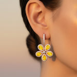 Pear Shaped Yellow Sapphire Flower Diamond Leverback Earrings - GeumJewels