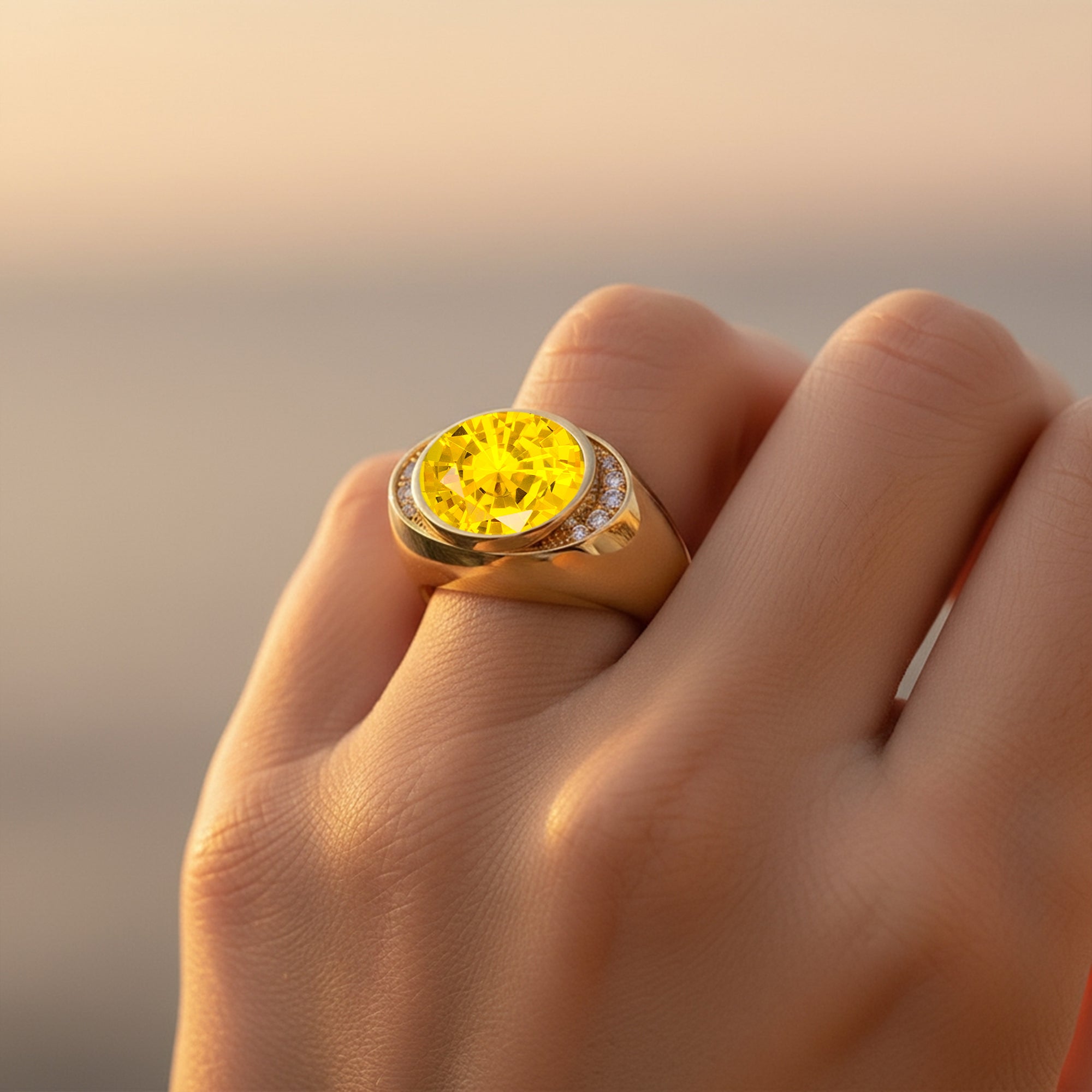 Vintage Style Elongated Oval Yellow Sapphire Halo Diamond Twisted Ring - GeumJewels