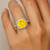 Halo Diamond Engagement Ring with Cushion Cut Yellow Sapphire - GeumJewels