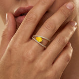 Fashionable V Shaped Diamond Ring with Pear Cut Yellow Sapphire