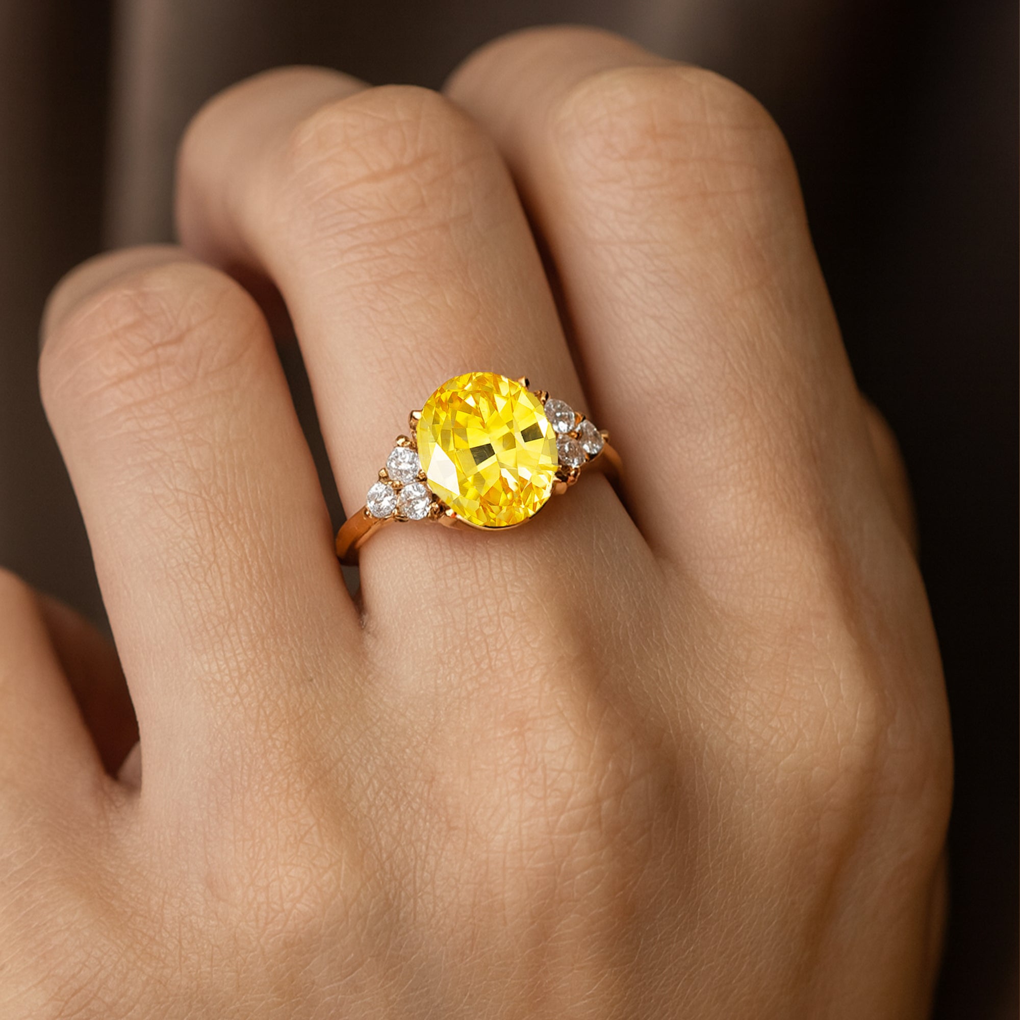 Trio Diamond Engagement Ring with Oval Cut Yellow Sapphire - GeumJewels