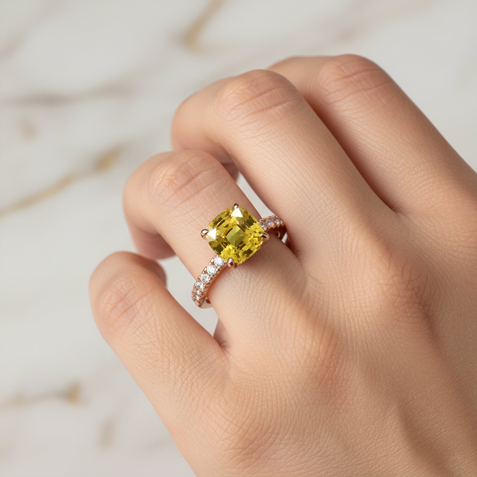 Yellow Sapphire Square Cushion Under Halo Diamonds Thin Ring with Diamond Band - GeumJewels