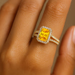 Halo Set Emerald Shaped Yellow Sapphire Split Shank Ring with Accent Diamonds - GeumJewels