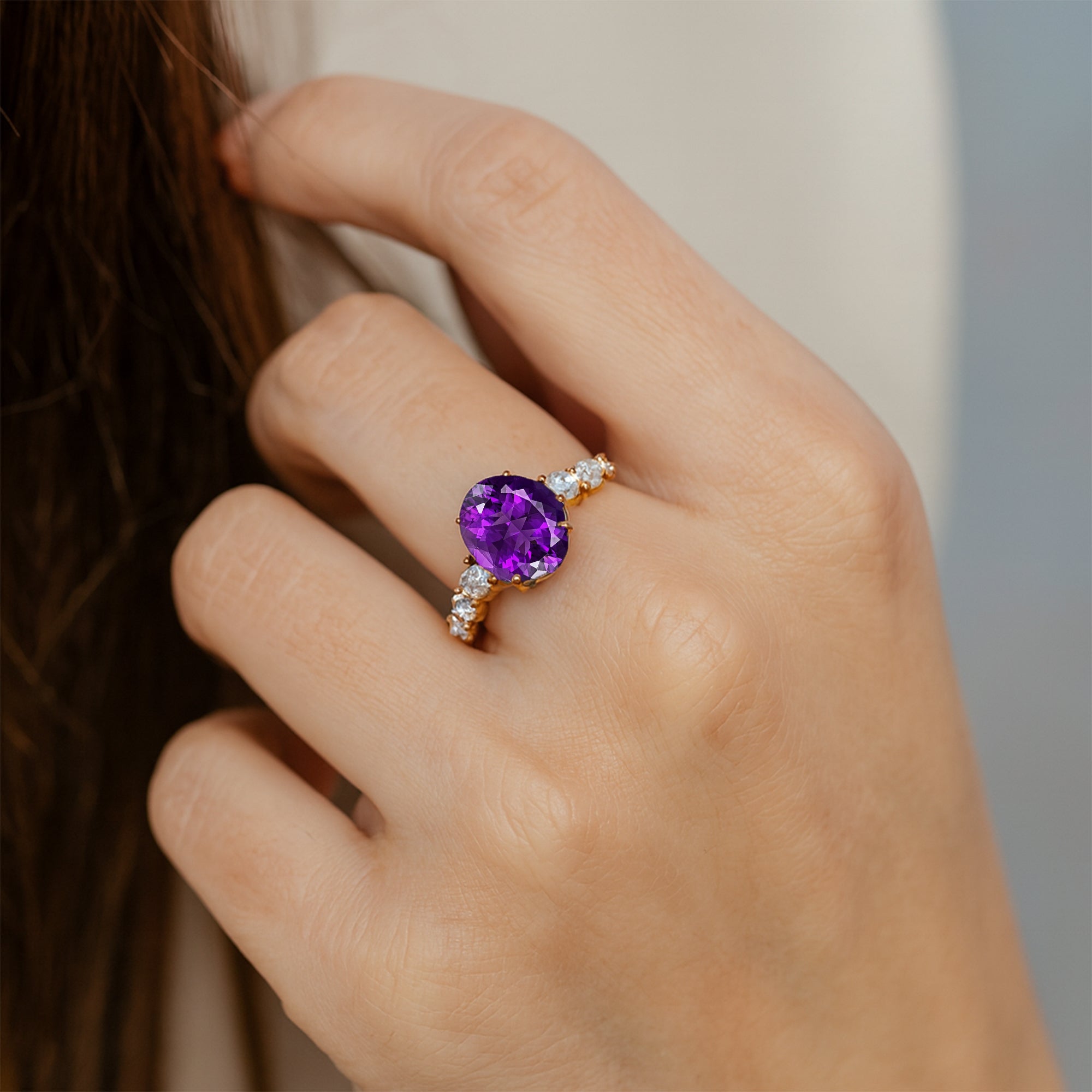 Oval Cut Amethyst with Graduated Diamonds Ring - GeumJewels
