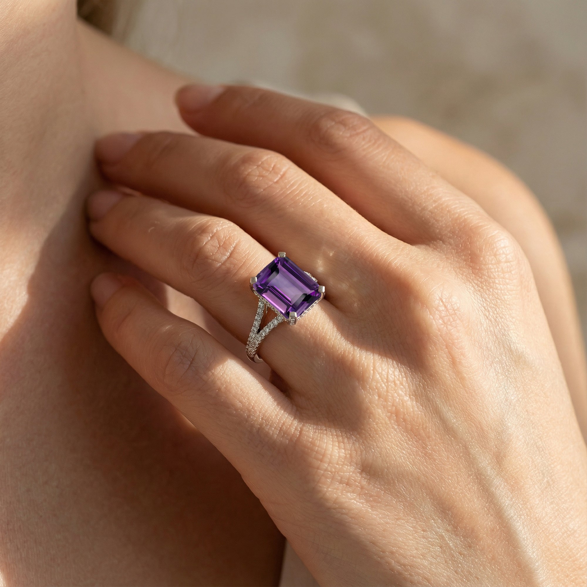Emerald Cut Amethyst Split Shank Engagement Ring with Diamonds - GeumJewels