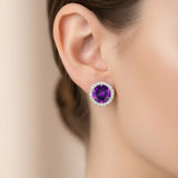 Round Solitaire Amethyst Halo Diamond Stud Earrings - GeumJewels