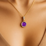 Dainty Round Solitaire Halo Diamond Amethyst Pendant
