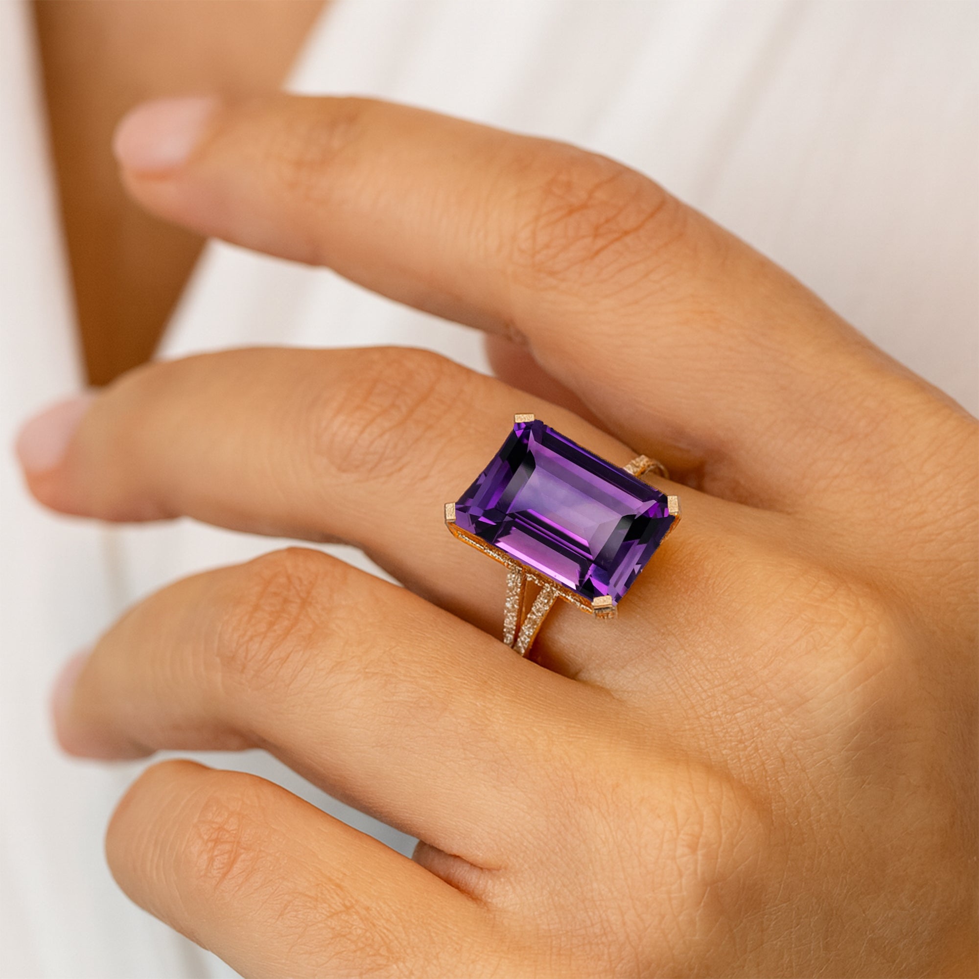 Emerald Cut Amethyst Split Shank Engagement Ring with Diamonds - GeumJewels