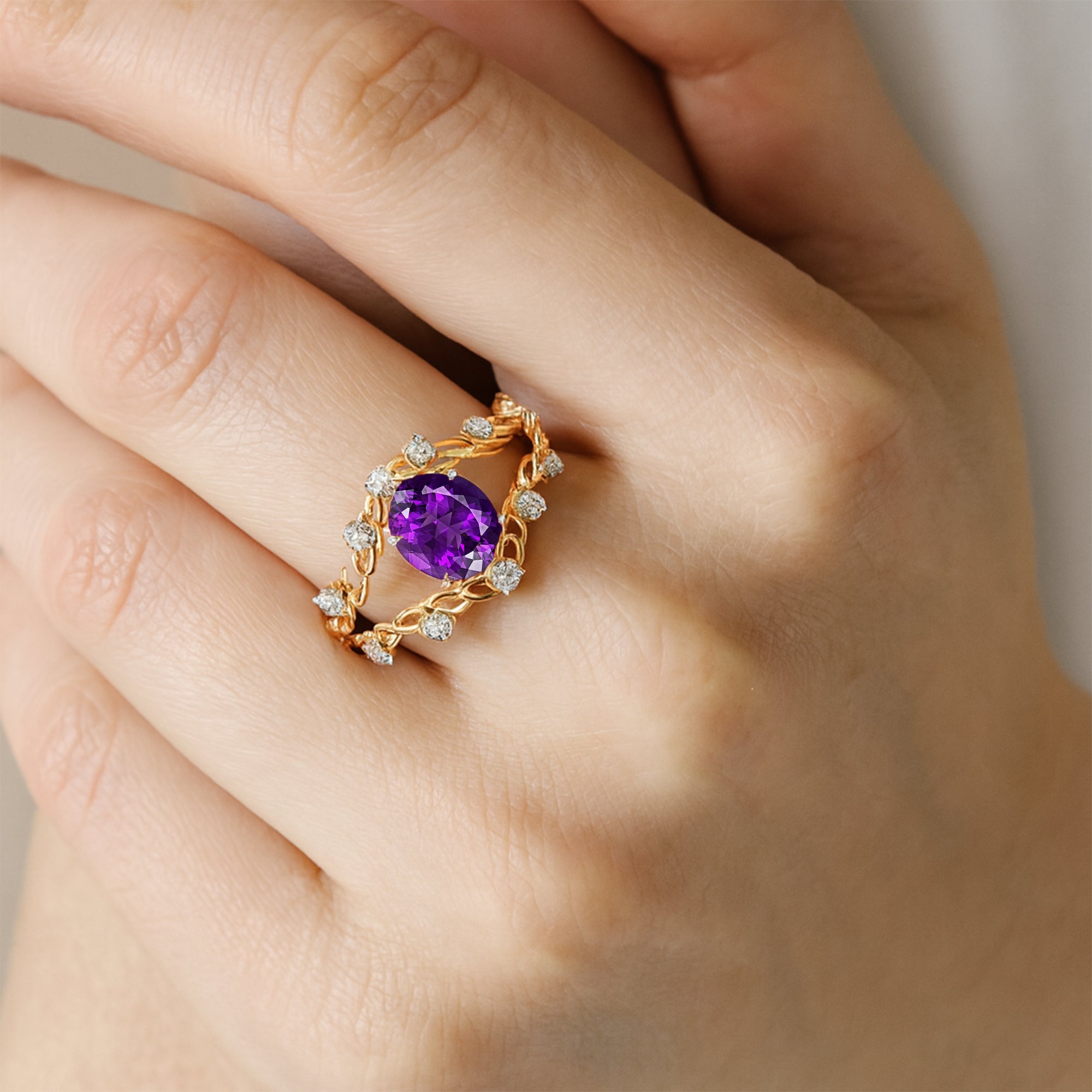 Flower Inspired Ring with Oval Shaped Amethyst and Accent Diamonds - GeumJewels