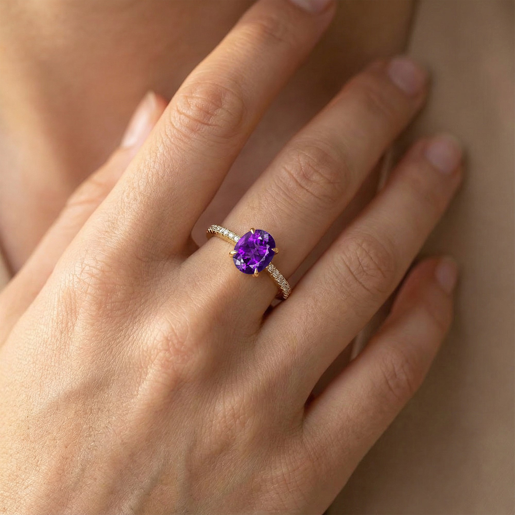 Oval Solitaire Amethyst with Accent Diamonds Engagement Ring - GeumJewels