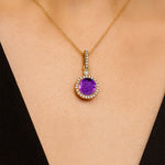 Classic Solitaire Round Amethyst Halo Diamond Dangle Pendant - GeumJewels