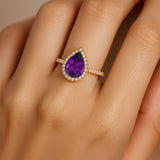 Classic Pear Shaped Amethyst Halo Diamond Engagement Ring - GeumJewels