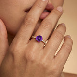 Classic Six Prong Round Solitaire Amethyst Ring with Accent Diamond Band