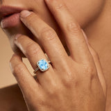 Elongated Cushion Halo Set Aquamarine Engagement Ring with Diamond Band