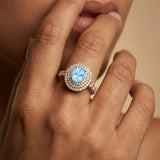 Triple Halo Diamond Oval Cut Aquamarine Cocktail Ring