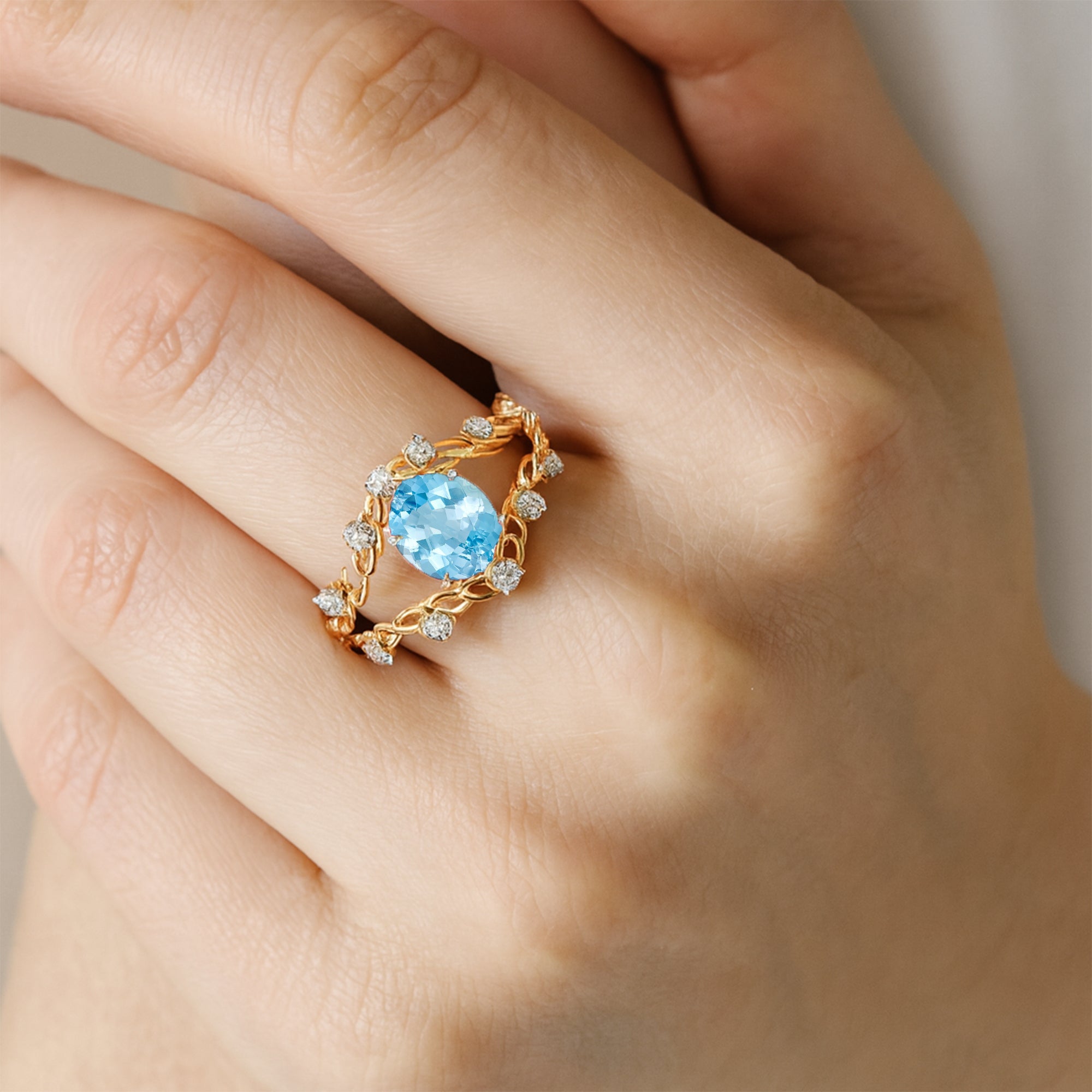 Flower Inspired Ring with Oval Shaped Aquamarine and Accent Diamonds - GeumJewels