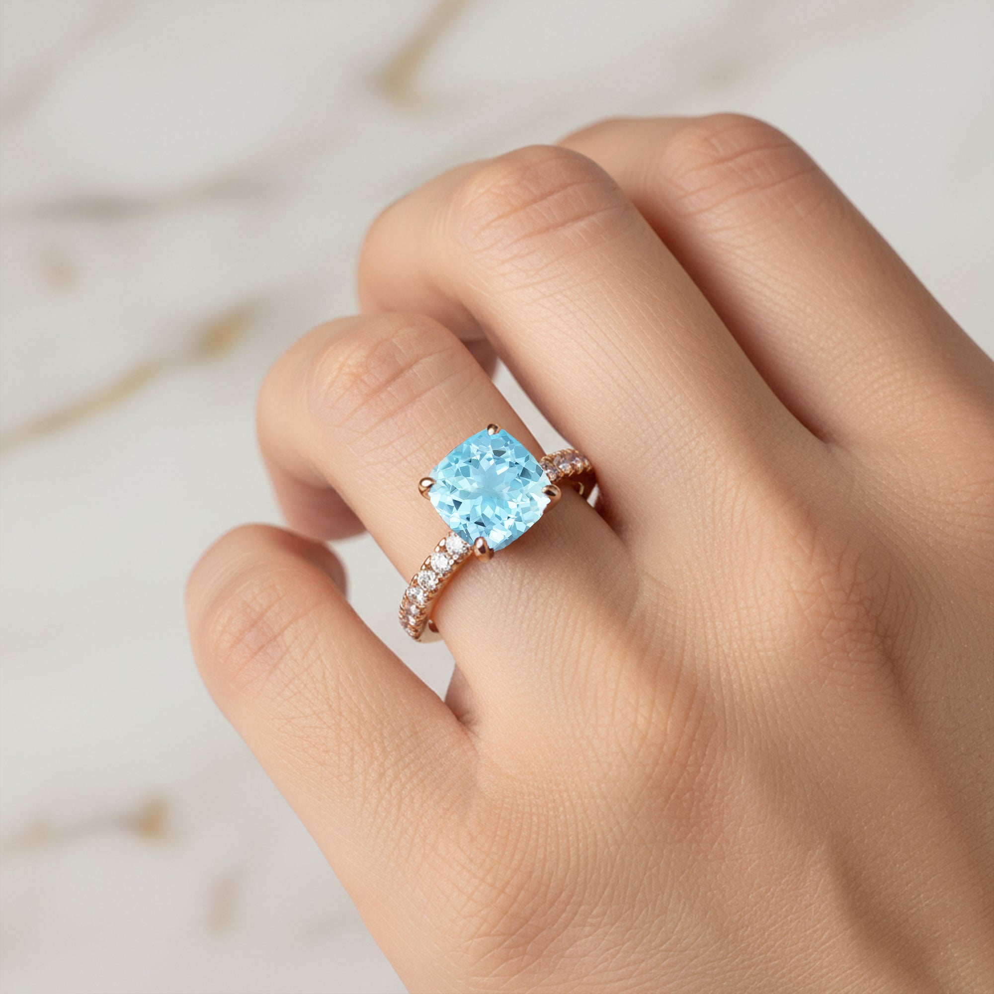 Aquamarine Square Cushion Under Halo Diamonds Thin Ring with Diamond Band - GeumJewels