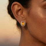 Double Halo Cluster Diamonds Teardrop Citrine Stud Earrings