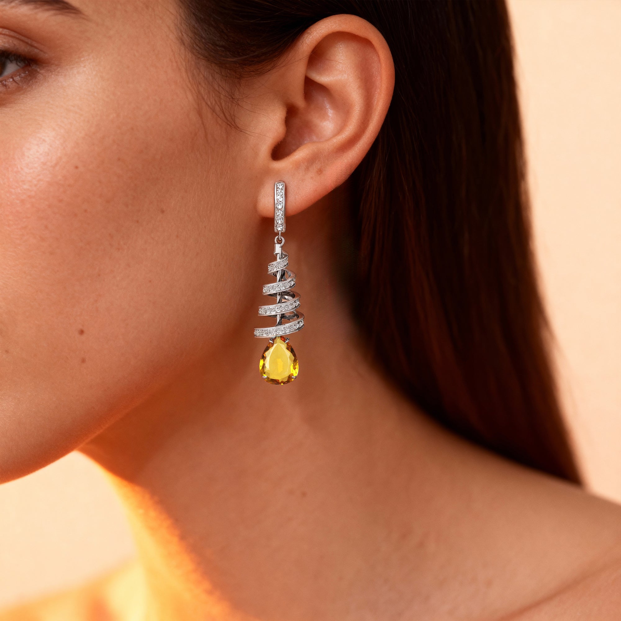 Spiral Diamond Pear Cut Citrine Dangle Earrings - GeumJewels