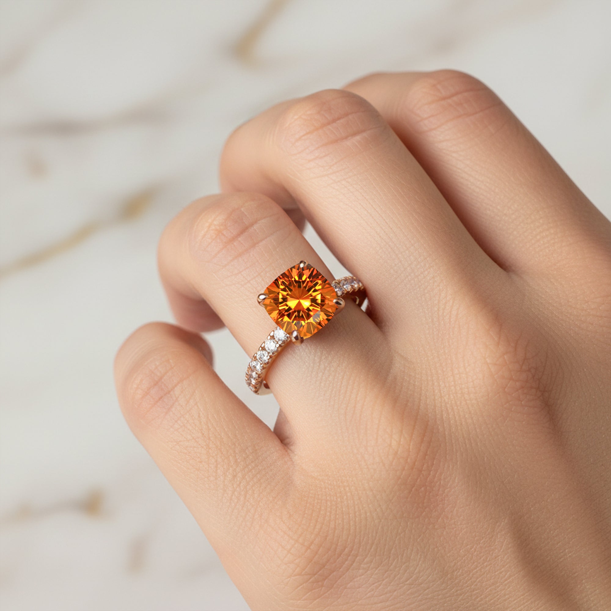 Citrine Square Cushion Under Halo Diamonds Thin Ring with Diamond Band - GeumJewels