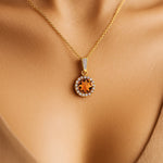 Dainty Round Solitaire Halo Diamond Citrine Pendant - GeumJewels