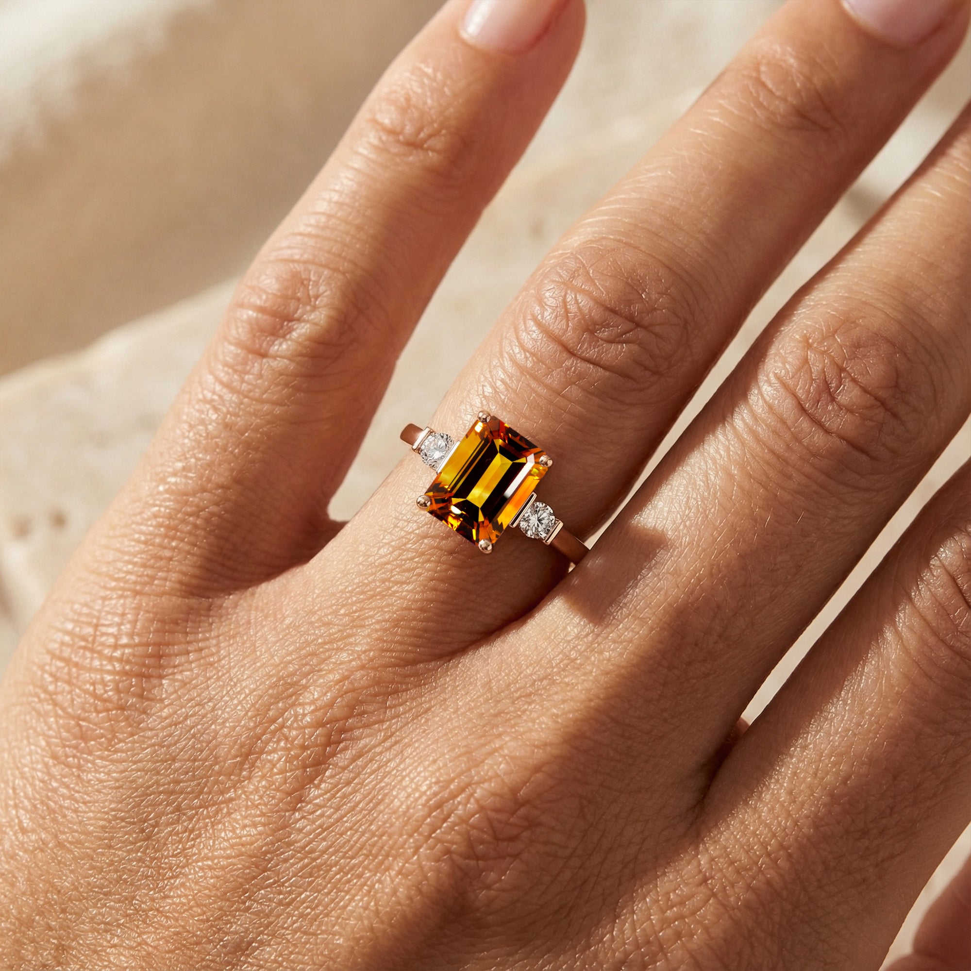 Emerald Cut Citrine and Diamond Three Stone Ring - GeumJewels