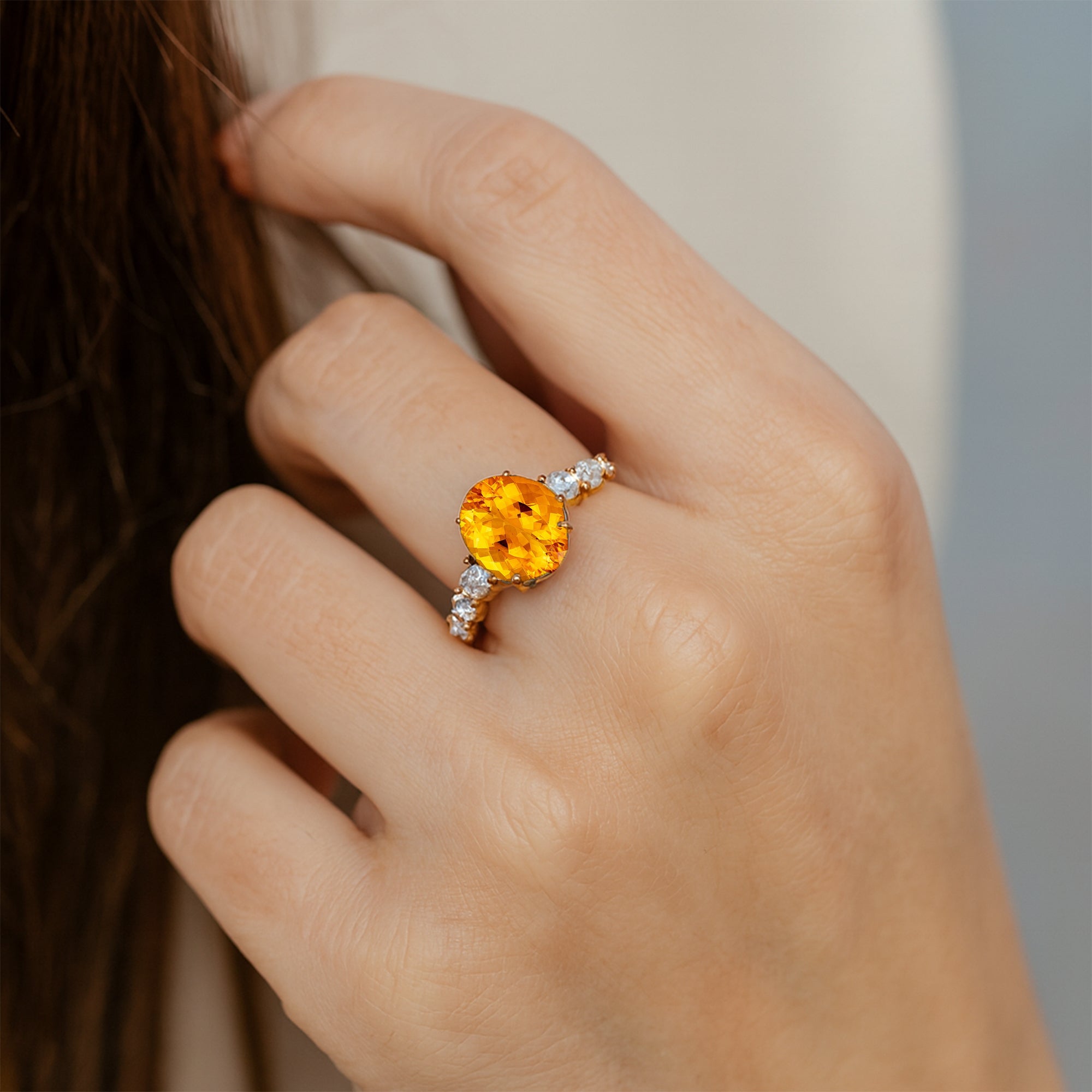 Oval Cut Citrine with Graduated Diamonds Ring - GeumJewels