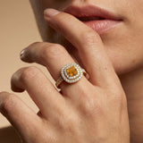 Double Halo Diamond Cushion Cut Citrine Ring