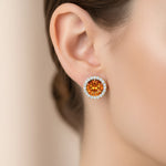 Round Solitaire Citrine Halo Diamond Stud Earrings - GeumJewels