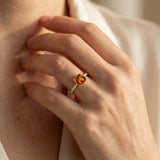 Citrine Square Cushion Under Halo Diamonds Thin Ring with Diamond Band - GeumJewels