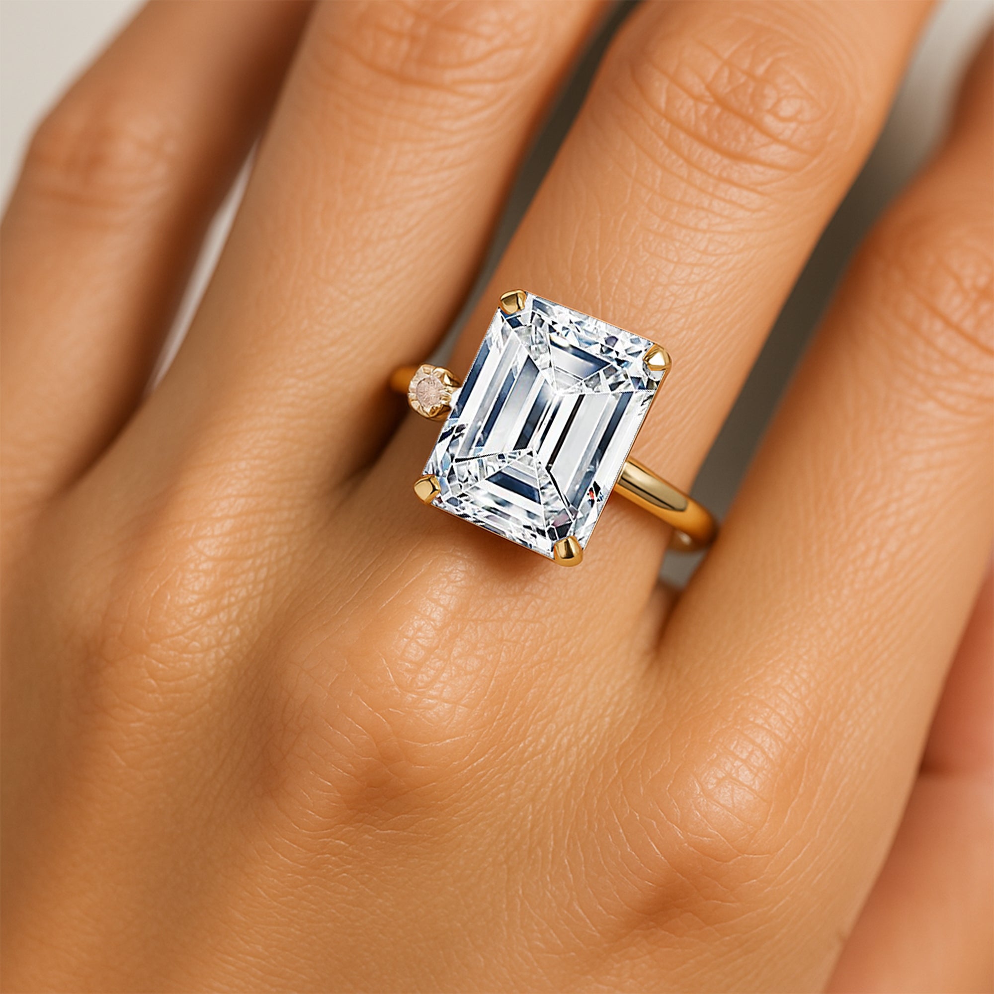 Emerald Shaped Lab Diamond with 3mm Accent Solitaire Engagement Ring - GeumJewels