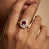 Triple Halo Diamond Oval Cut Garnet Cocktail Ring