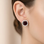 Round Solitaire Garnet Halo Diamond Stud Earrings - GeumJewels
