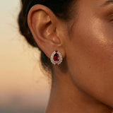 Double Halo Cluster Diamonds Teardrop Garnet Stud Earrings