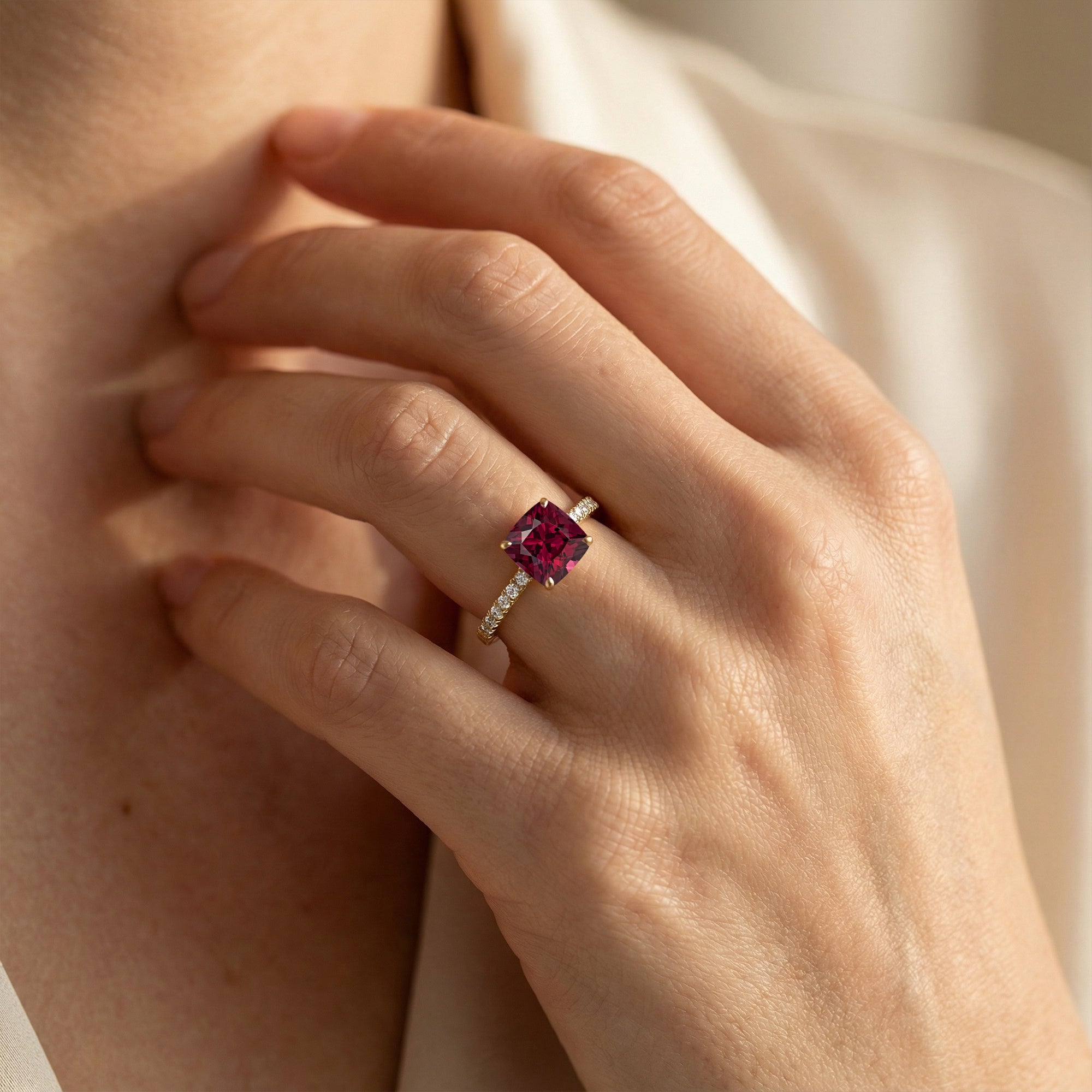 Garnet Square Cushion Under Halo Diamonds Thin Ring with Diamond Band - GeumJewels