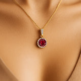 Dainty Round Solitaire Halo Diamond Garnet Pendant - GeumJewels