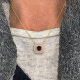 Double Halo Diamond Cushion Cut Garnet Necklace