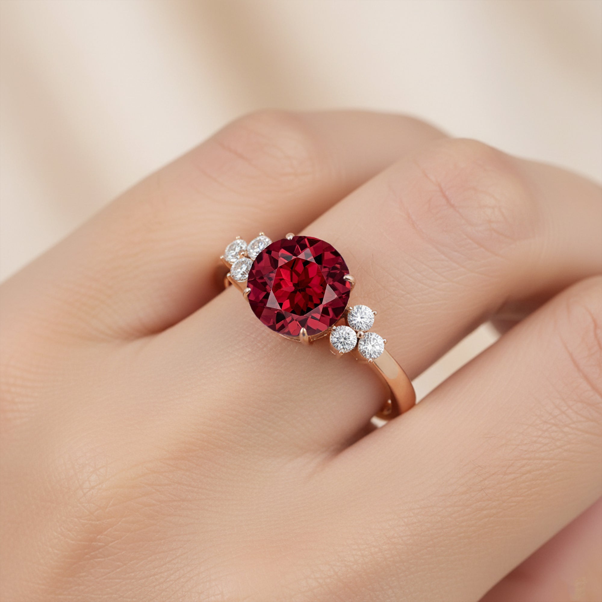 Trio Diamond Engagement Ring with Round Solitaire Garnet - GeumJewels