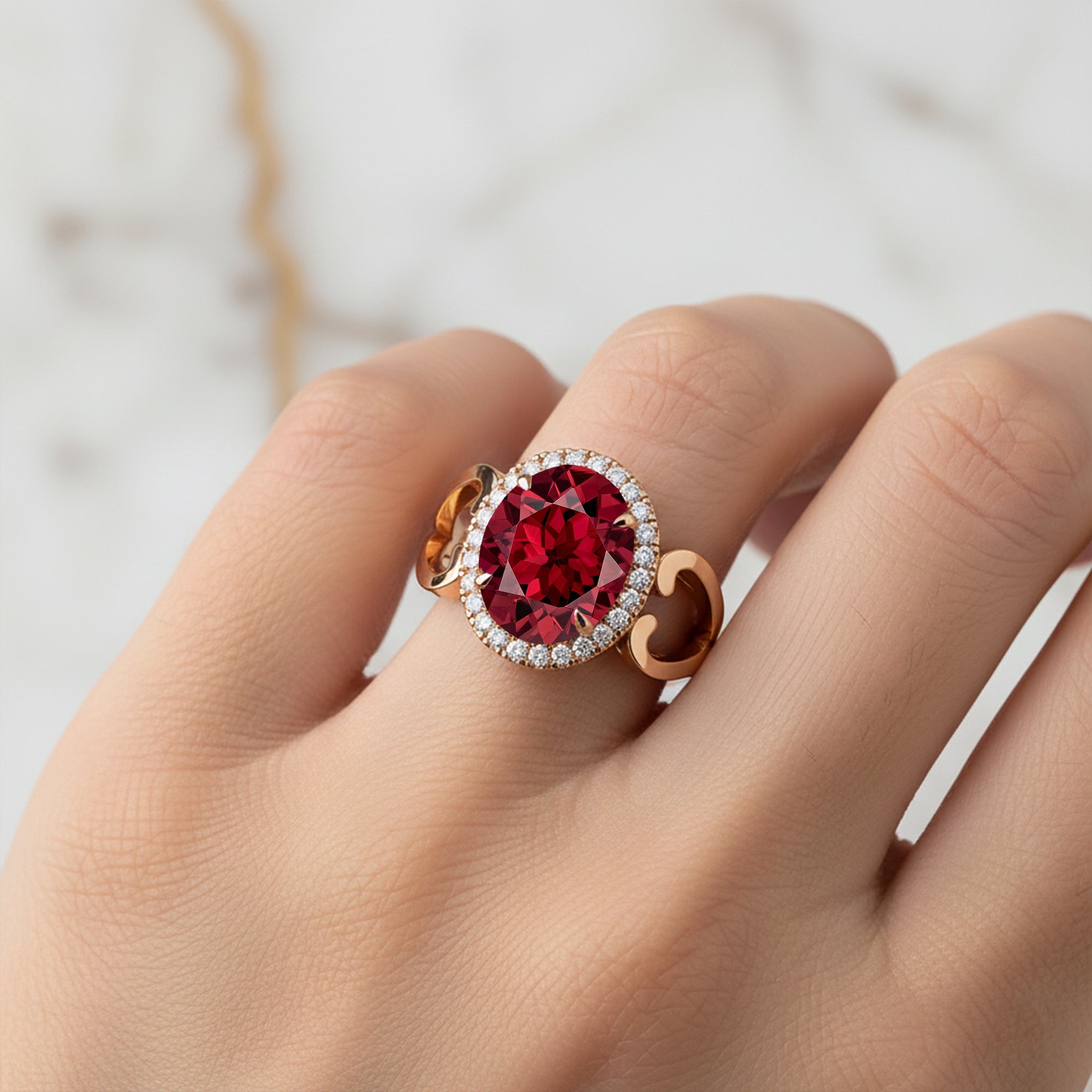 Vintage Love Inspired Oval Garnet Halo Diamond Engagement Ring - GeumJewels