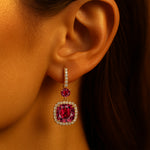 Halo Diamond Cushion Cut Garnet Dangle Earrings - GeumJewels