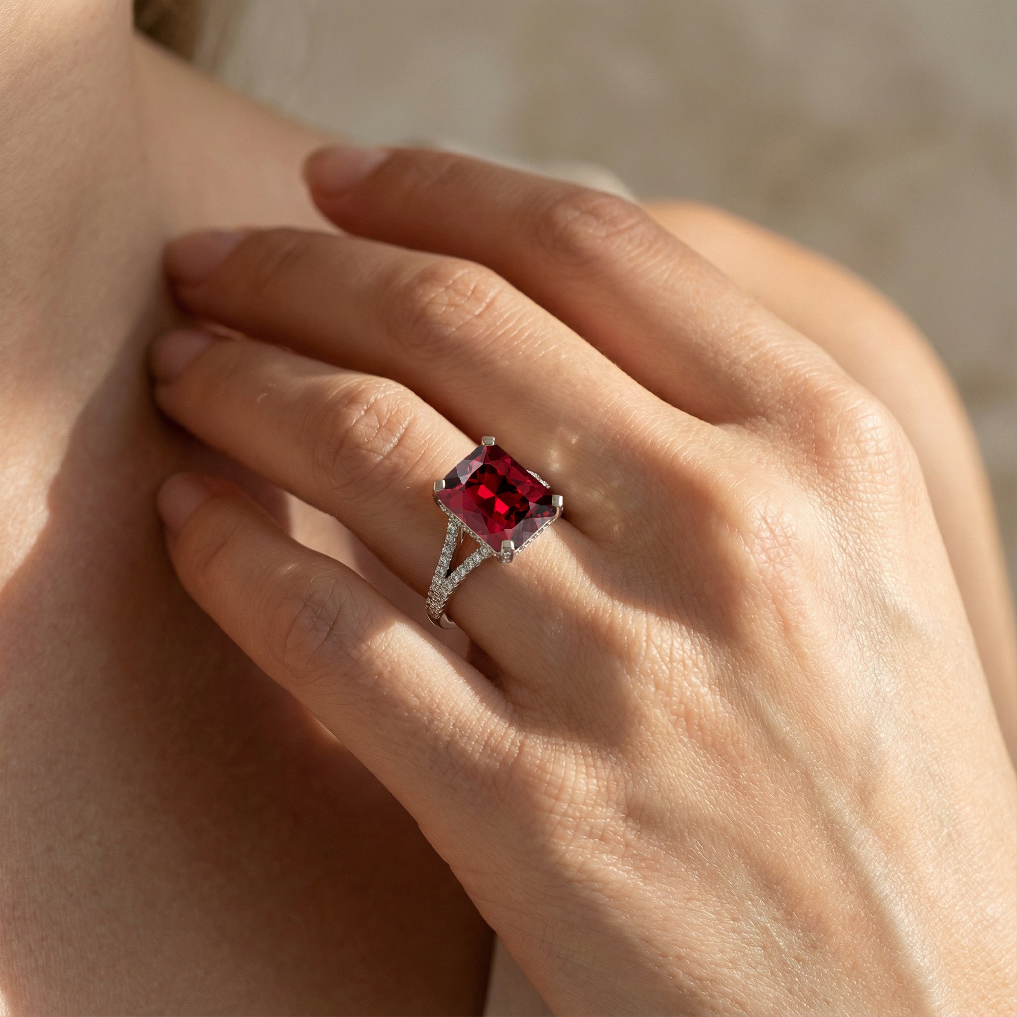 Emerald Cut Garnet Split Shank Engagement Ring with Diamonds - GeumJewels