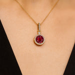 Classic Solitaire Round Garnet Halo Diamond Dangle Pendant - GeumJewels