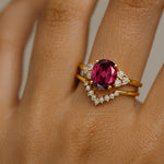 Garnet Solitaire Gold Ring With Stackable Diamond Band - GeumJewels