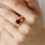 Flower Inspired Ring with Oval Shaped Garnet and Accent Diamonds - GeumJewels