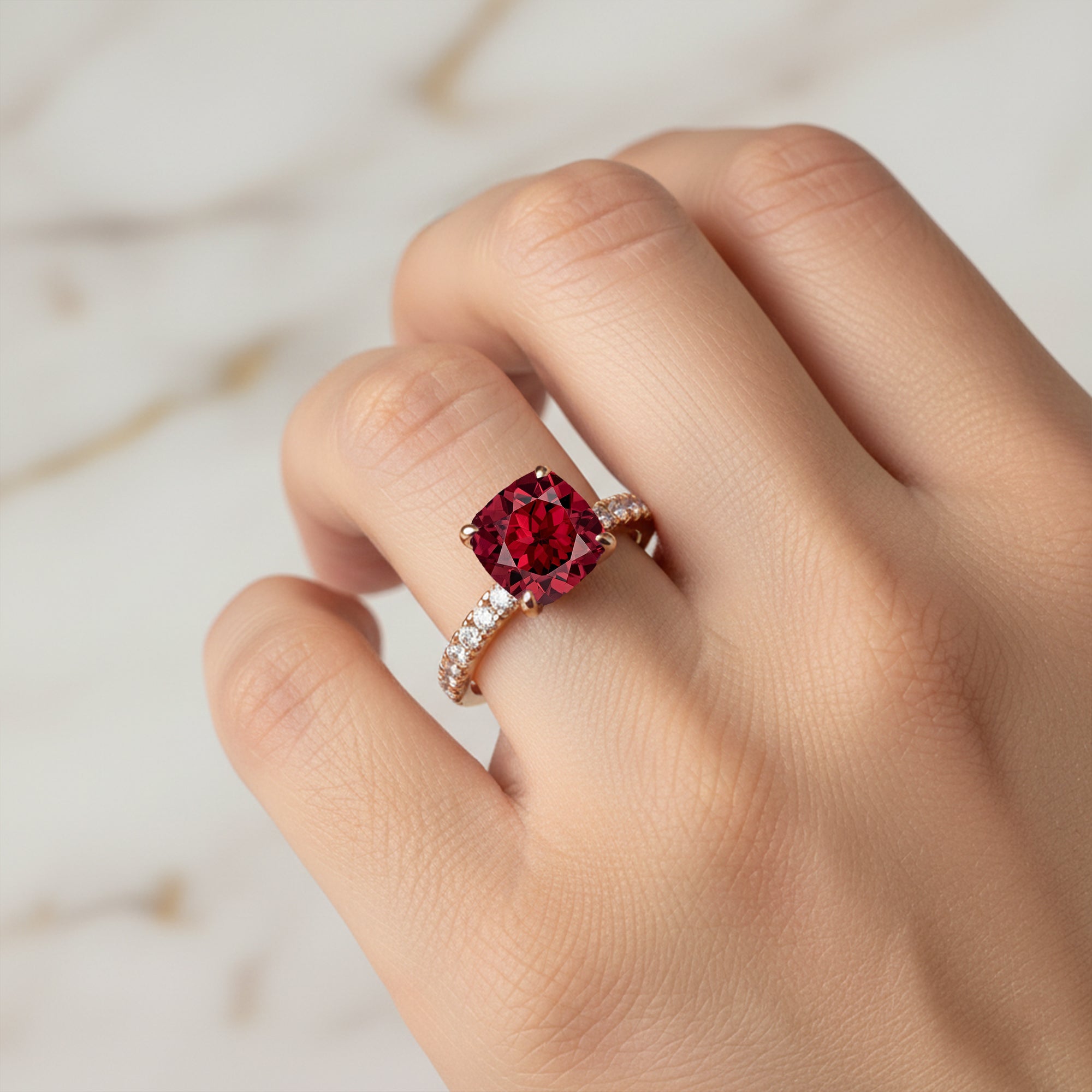 Garnet Square Cushion Under Halo Diamonds Thin Ring with Diamond Band - GeumJewels