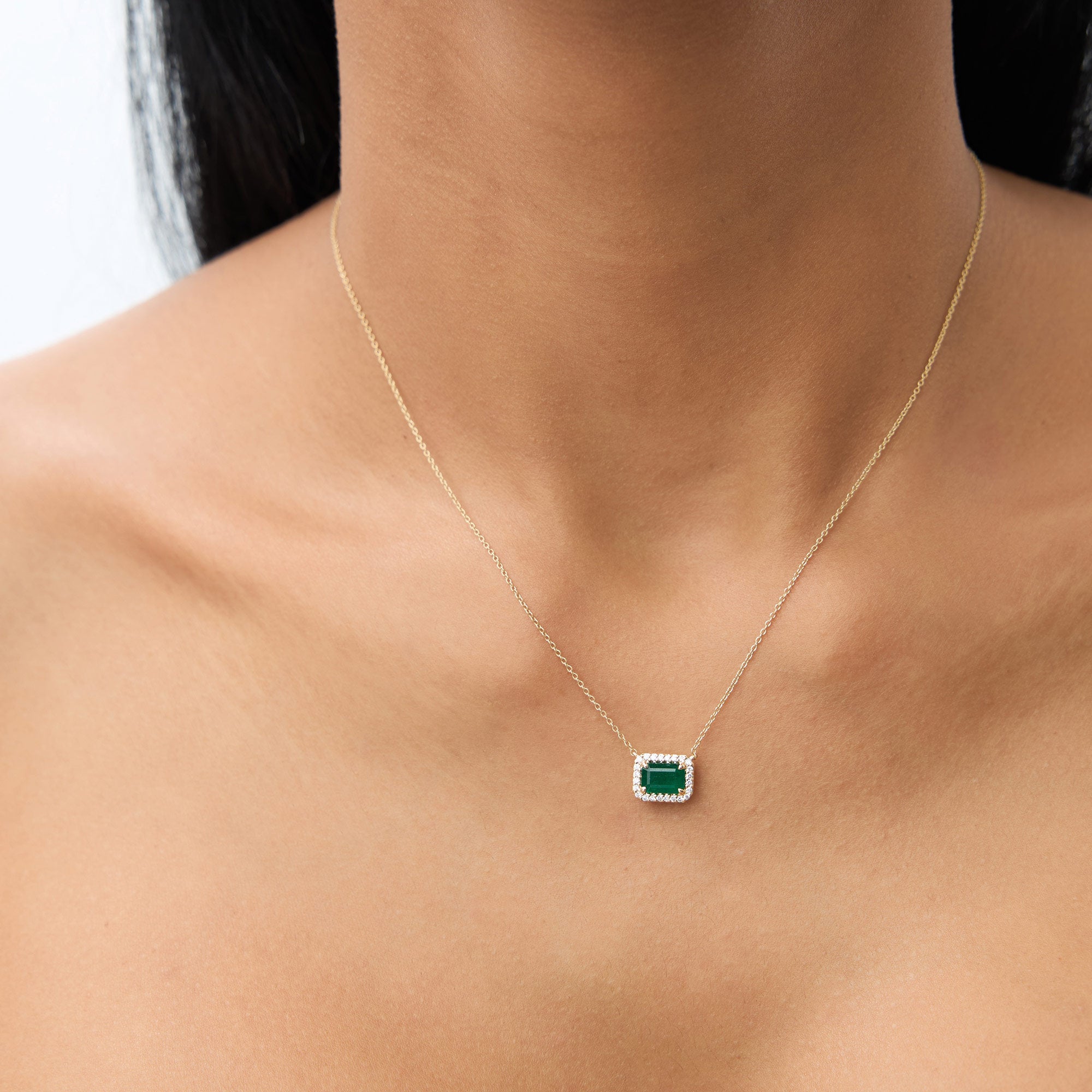 14k 1.00 Ctw Octagon Emerald in Diamond Halo Setting - GeumJewels