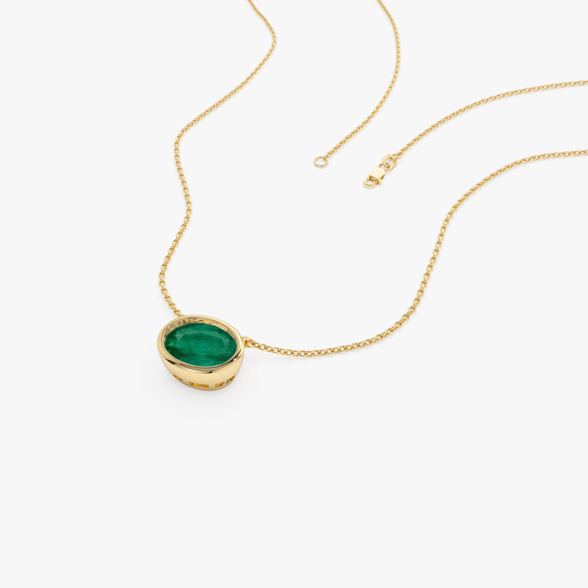 14k 2.0 - 2.20 Ctw Oval Shaped Bezel Setting Emerald Necklace - GeumJewels