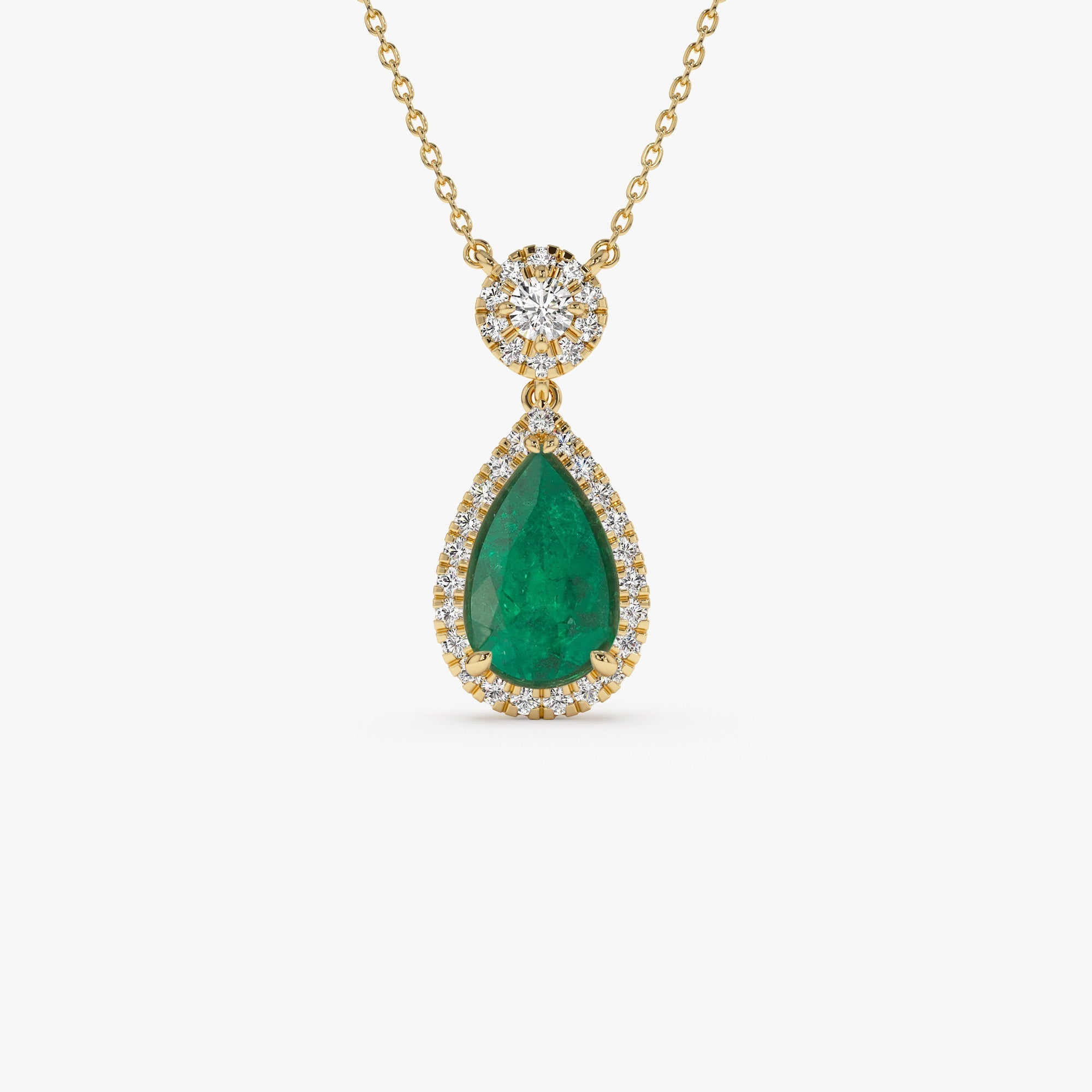 14k 2.00 Ctw Pear Shape Emerald and Diamond Halo Setting Necklace - GeumJewels
